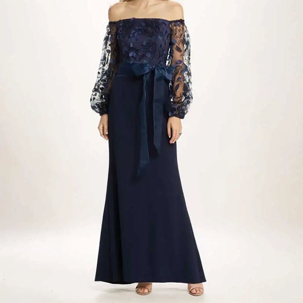 

Elegant 2025 Evening Dress Prom Party Gown Long Sleeve Off Shoulder Bow Belt Lace Applique Mermaid Formal Cocktail Guest Dress