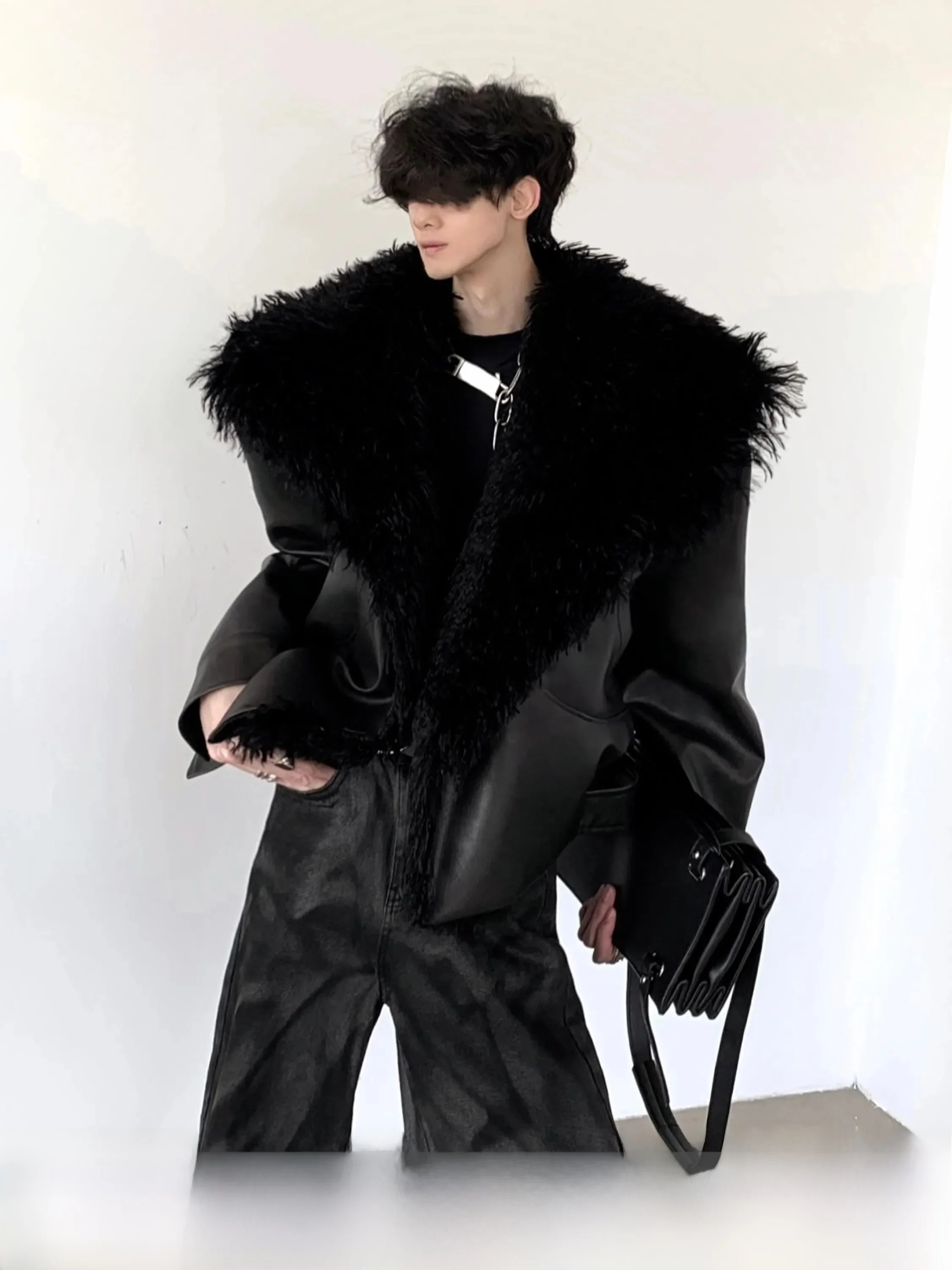 Autumn Mountain Wind Men's Leather Jacket Large Fur Collar Integrated Fur Coat Youth Trendy Windproof Thickened Short Style