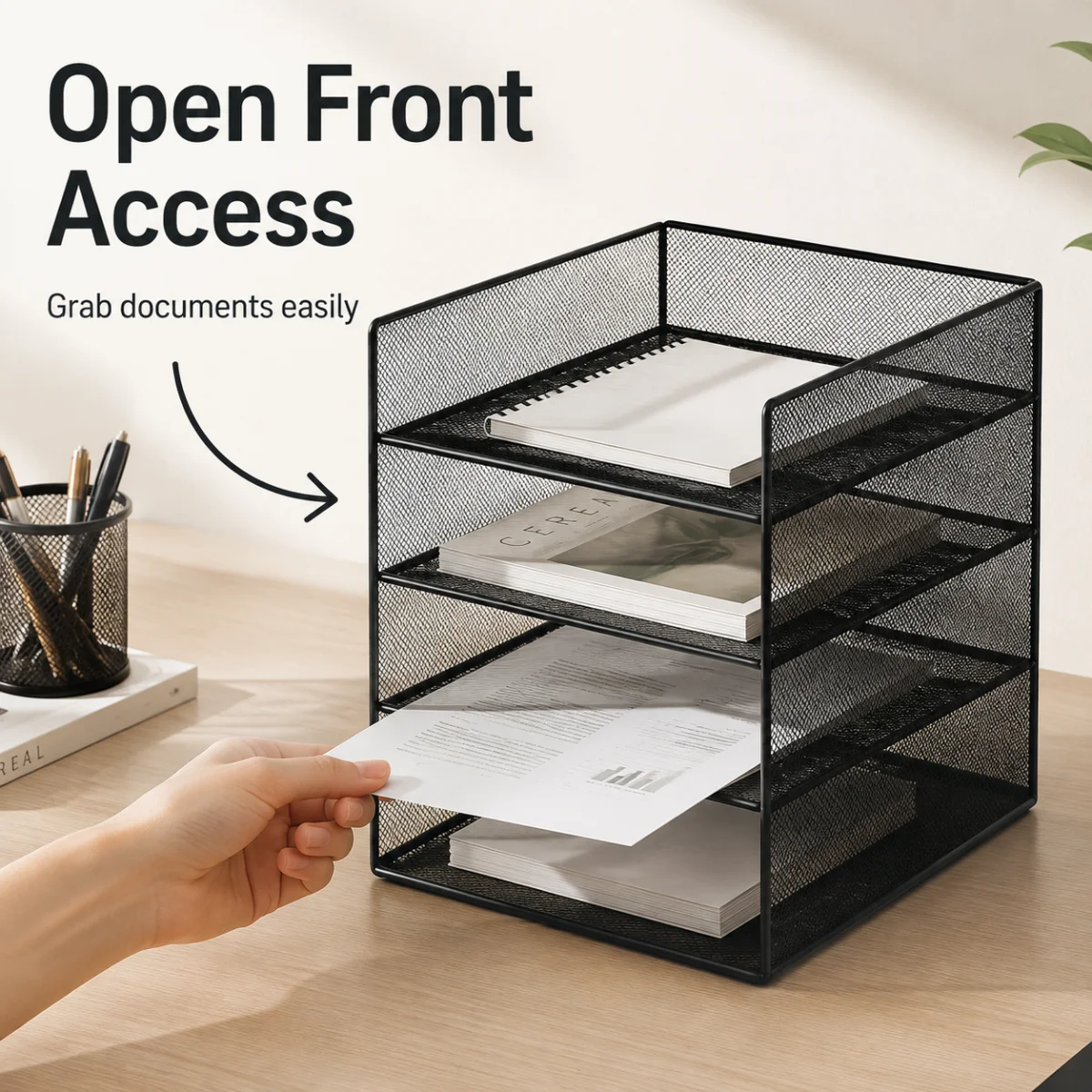 Four-layer metal mesh desk file storage rack, with large-capacity A4 paper trays for storage,suitable for home office,students