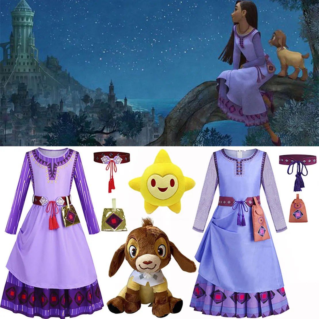 

2024 Disney Princess Dress for Girls Asha Cosplay Movie Wish Asha Kids Toddler Christmas Birthday Party Outfits Purple Clothes