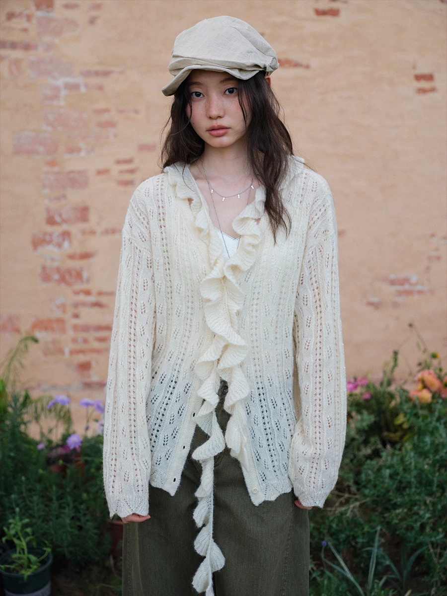 

Французский свободный вязаный кардиган с V-образным вырезом для женщин, с ажурной отделкой, длинными рукавами, из мягкой шерстяной смеси, весенний, с открытым передом