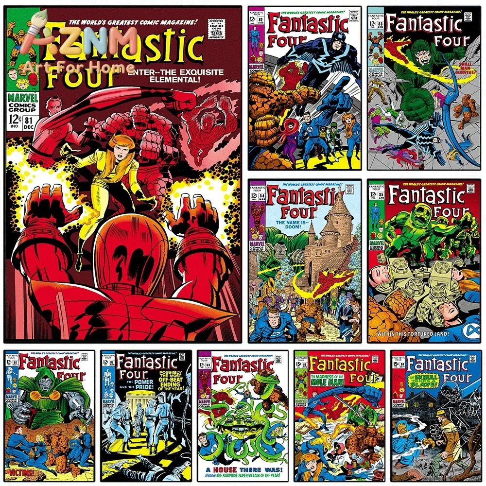 AZNM Fantastic Four Enter The Exquisite Elemental Vintage Comic Collage Canvas Wall Art Unframed Print, Superhero Poster for B