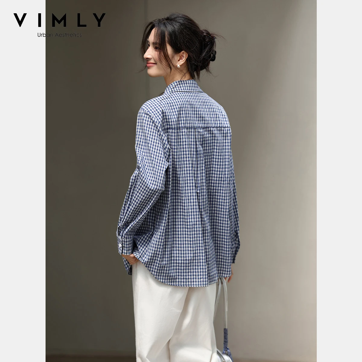 VIMLY Camicie a quadri casual da donna Autunno 2025 Camicia da donna con collo a polo in puro cotone Elegante top femminili a maniche lunghe con lacci A3067