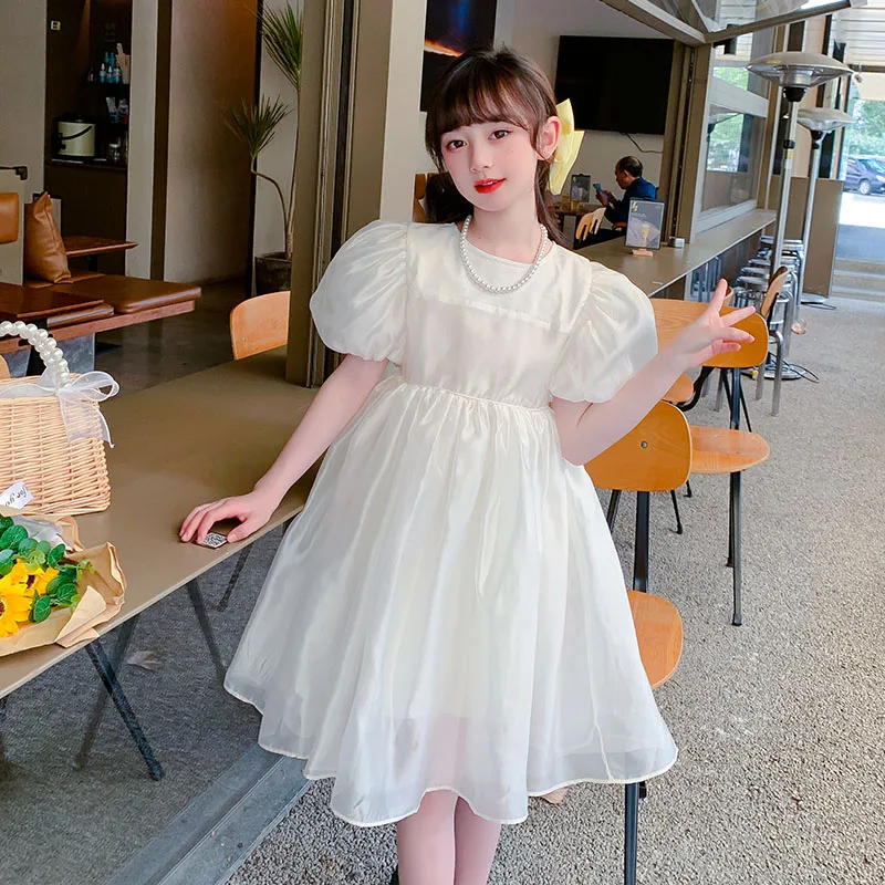 

2024 Summer New Korean Girls Loose Pearl Bubble Sleeve Princess Dress Western girl's long chiffon Lolita dress with suspenders.