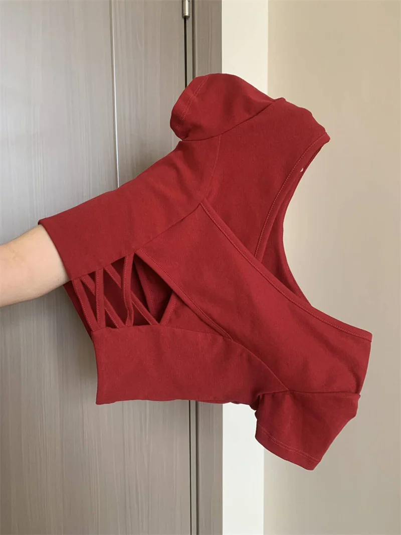 

Slimming Short Sexy Red American High Street Top with Chest Pad Backless Shoulder Length Women's Spring Summer Base Shirt