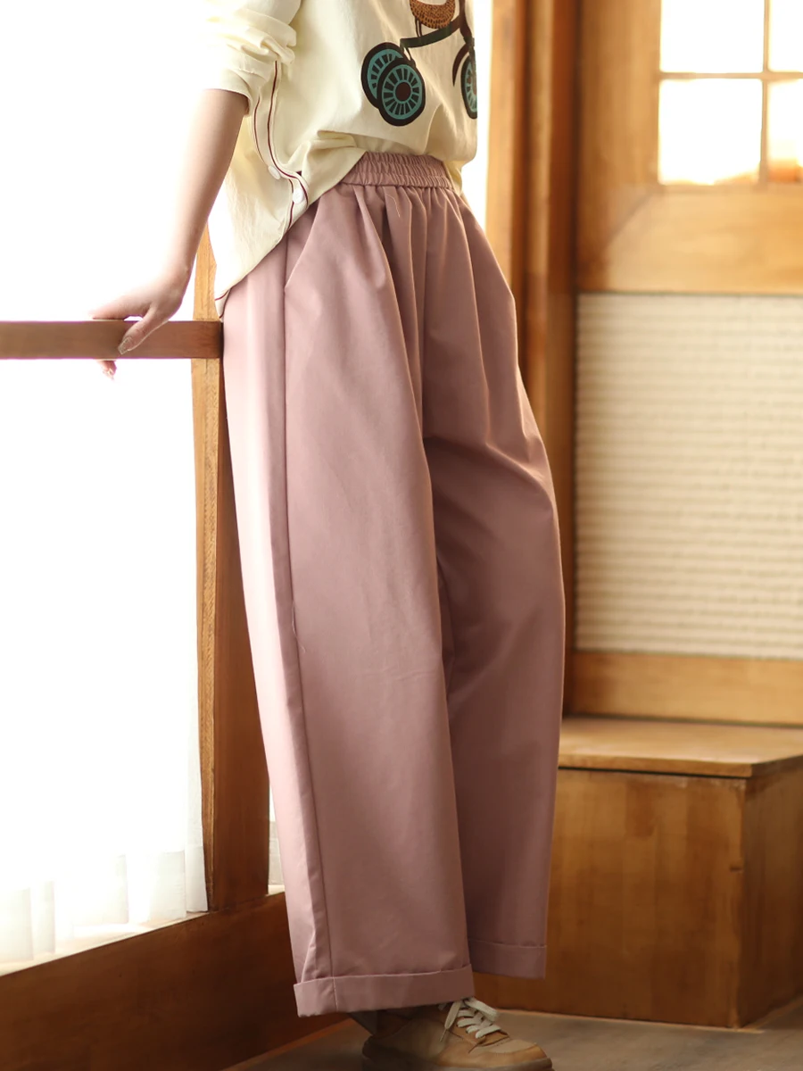 

High Densi Cotton Casual Pants Women's Faioned Wide Leg Straight Cut Trousers Cuffed Long Pants Commute Sle