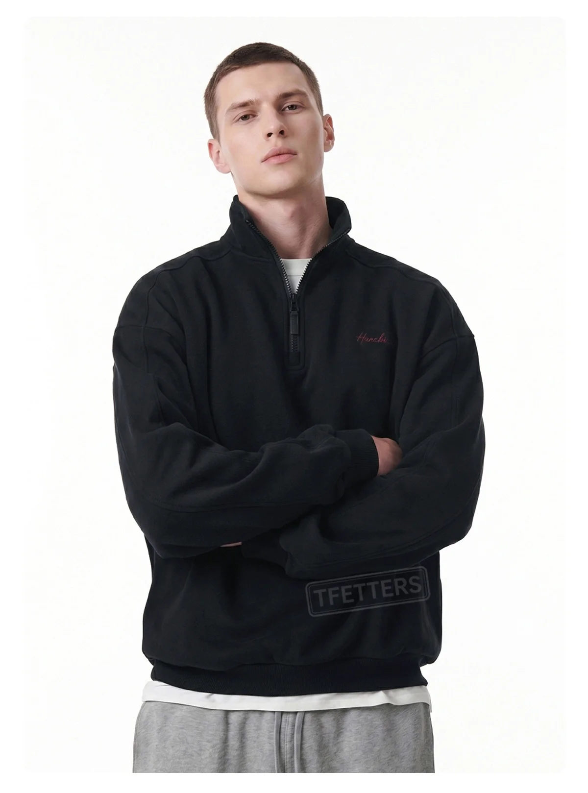 TFETTERS Fall Loose Cotton Half Zip Sweatshirt for Men Heather Gray Stand Collar Minimal Embroidered Casual Tops for Man EU SIZE