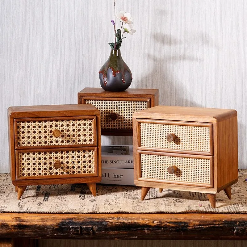 

Storage Boxes Desktop Wooden Storage Cabinet Office Desk Rattan Small Drawer Sundries Storage Box Organizador De Maquillaje