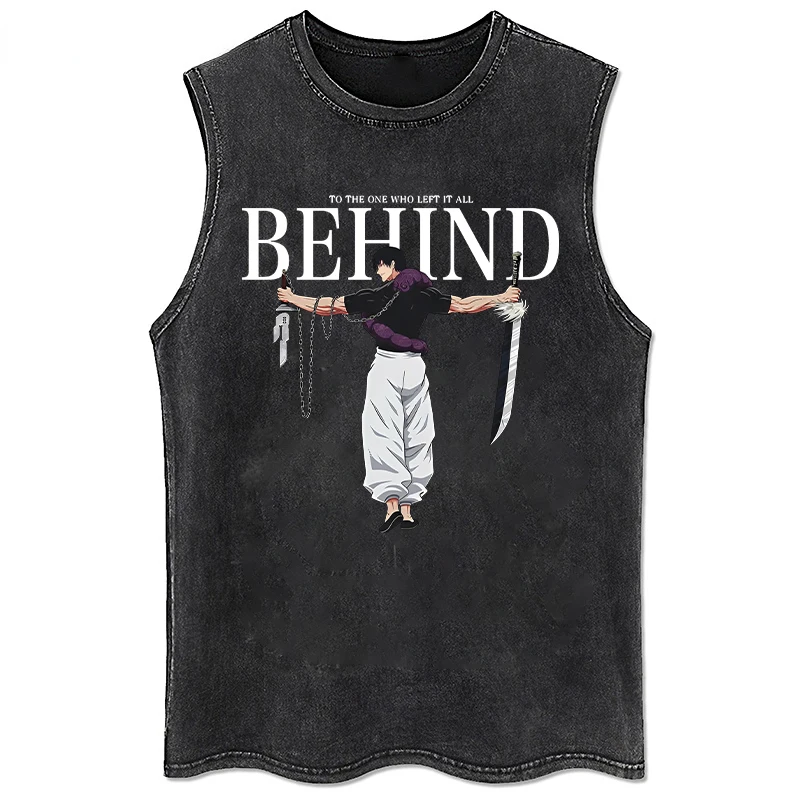 Anime Print Graphic Vest Streetwear Hip Hop Mens Tank Tops Casual Sleeveless Tops Shirt Washed Cotton Vest Black Harajuku