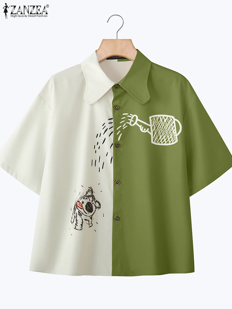 ZANZEA Fashion Printed Shirts Women Short Sleeve Patchwork Blusas Turn-Down Collar Casual Loose Tunic Summer Tops Oversized