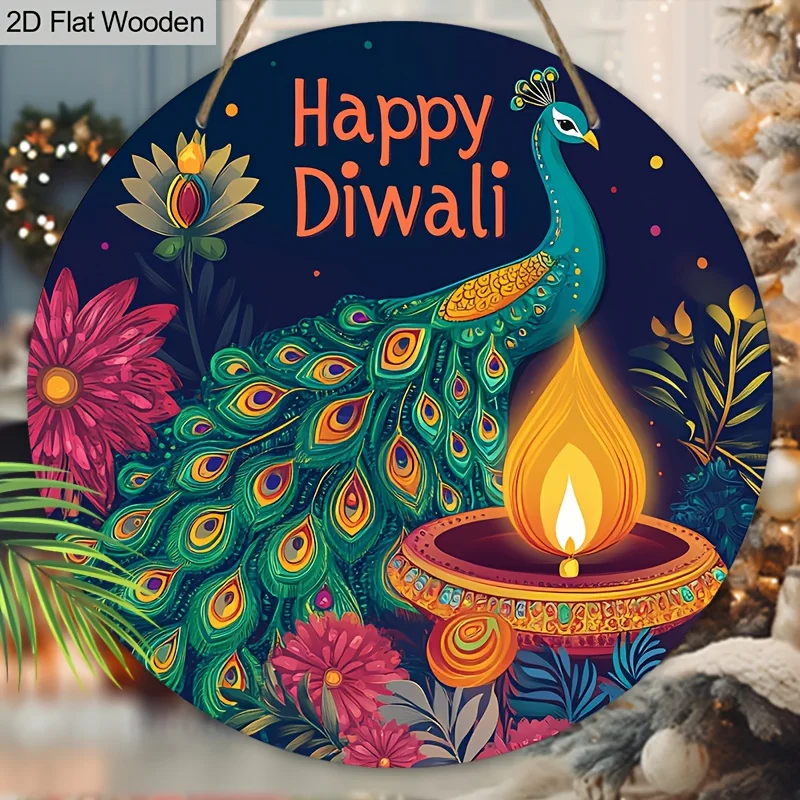 2D Flat Diwali Wooden Sign with PeaRooster Pattern - Happy Diwali Round Sign for Yard Door Wall Hanging Decor Ideal Diwali Festi