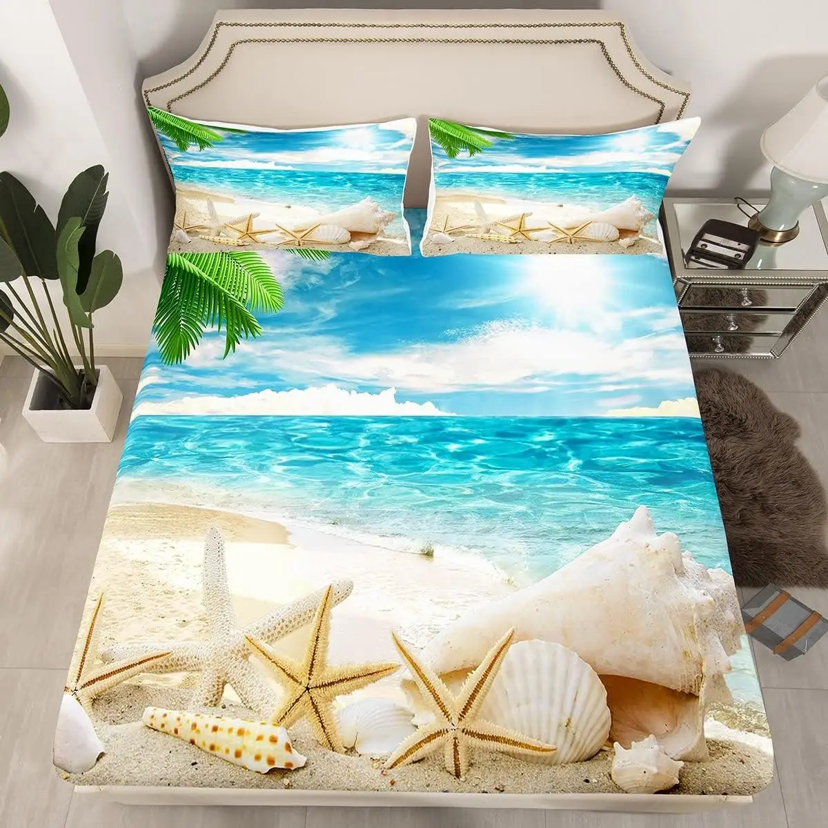 Beach Theme Fitted Sheet Seashell Starfish Print Sheet Set Beach Coastal Bed Sheets with Deep Pocket for Teen Adult Bedroom Dorm