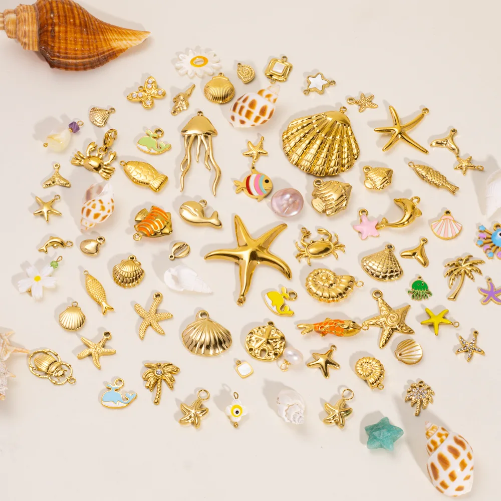 10Pcs Ocean Series Stainless Steel DIY Charms Beach Style Starfish Shell Pendants For Jewelry Making