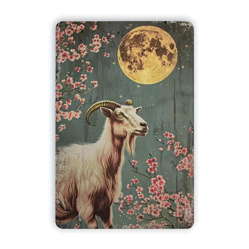 Vintage Goat with Sakura Cast Iron Tin Brand Rustic Farmhouse Decoration Durable and Lightweight with Easy Wall-hanging Design