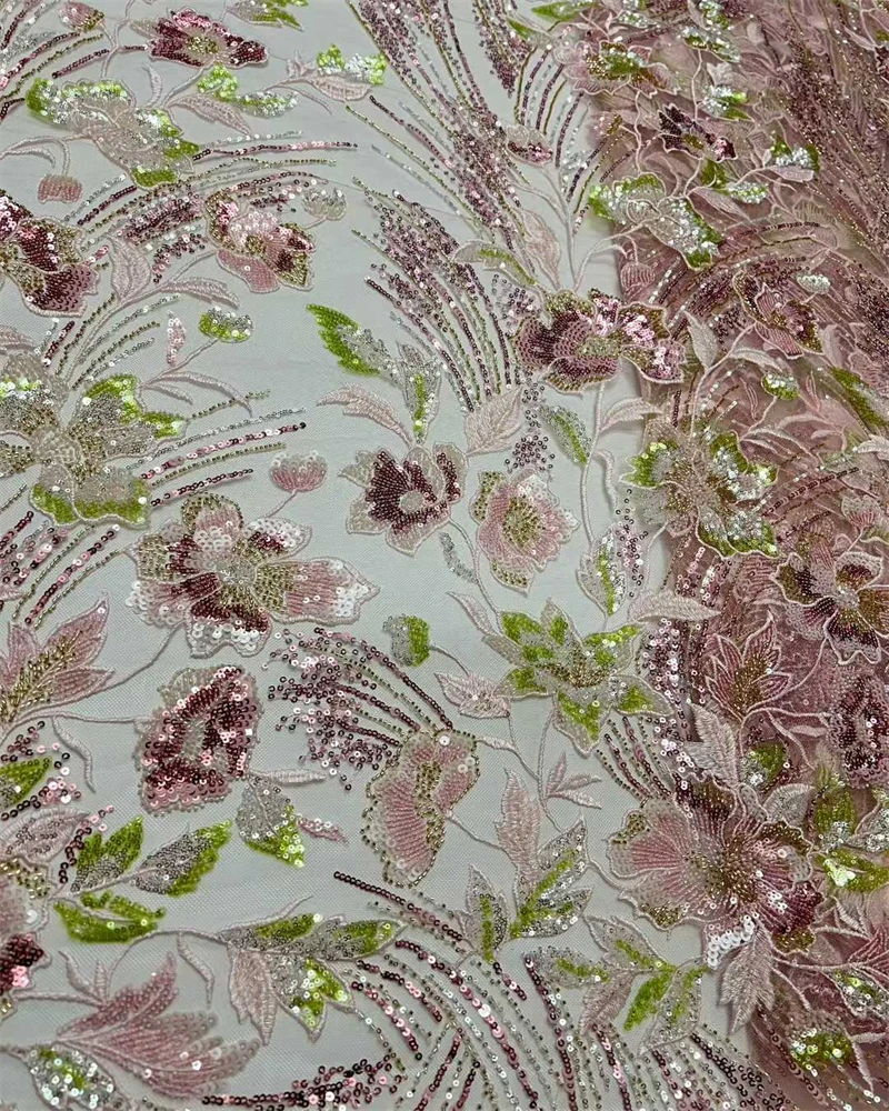 

African Beaded Lace Fabric High-Quality French Nigerian Sequined Lace Fabric Women's Wedding Party Dress Sewing