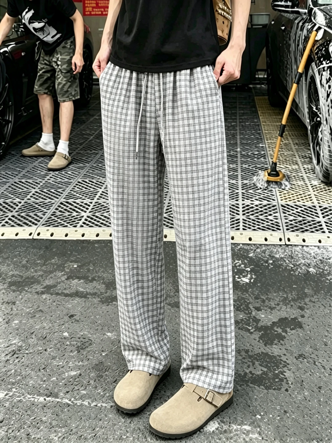 Vintage Japanese Plaid Loose Wide Leg Casual Pants Men Summer Thin Straight Tube Pants Comfortable Breathable Lightweight