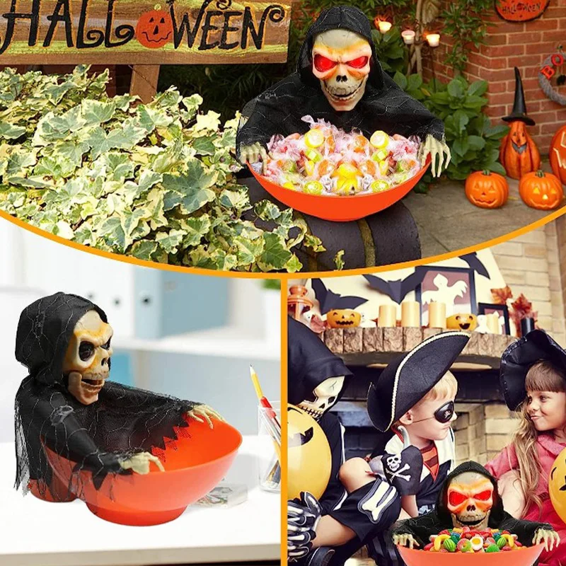 2PCS Halloween Candy Bowl Electric Fruit Tray Haunted Party Props Skeleton Bowl for Trick or Treating Halloween Party Decoration