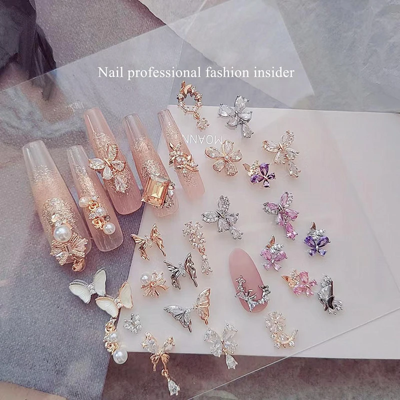 5 PCS Purple and pink super fairy butterfly pendant nail decoration alloy zirconia super shiny rhinestone nail accessories