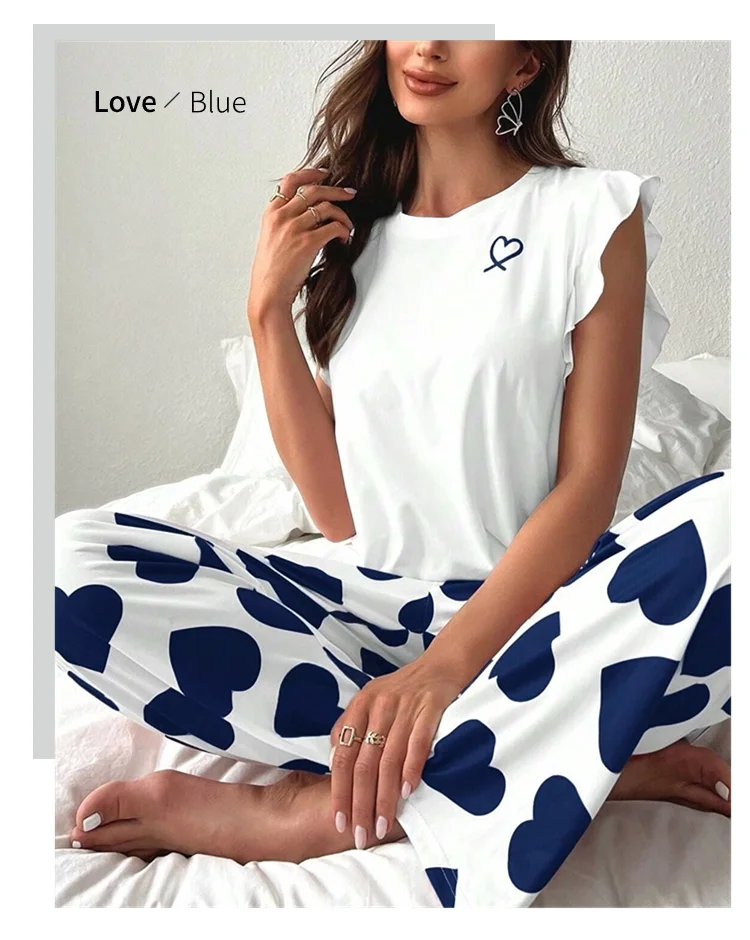 Herz & Brief gedruckt Damen Pyjama Pj Set weiche Kurzarm Tops & elastische Taille Hosen Pyjama Pijama Femme Casual Home Kleidung – Detail 12