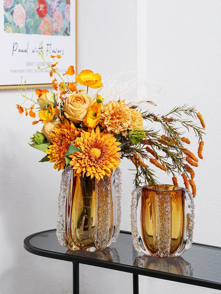 

Amber Colored Glass Art Vase Decoration Modern Light Luxury Living Room Hotel Porch Table Flower Device Flower Decoration