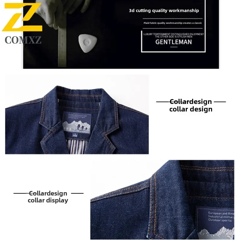 2025 Autumn  Vintage Denim Jacket Men's High Quality Luxury Cotton Blue V-neck Small Suit Coats Casual Business Loose Denim Coat