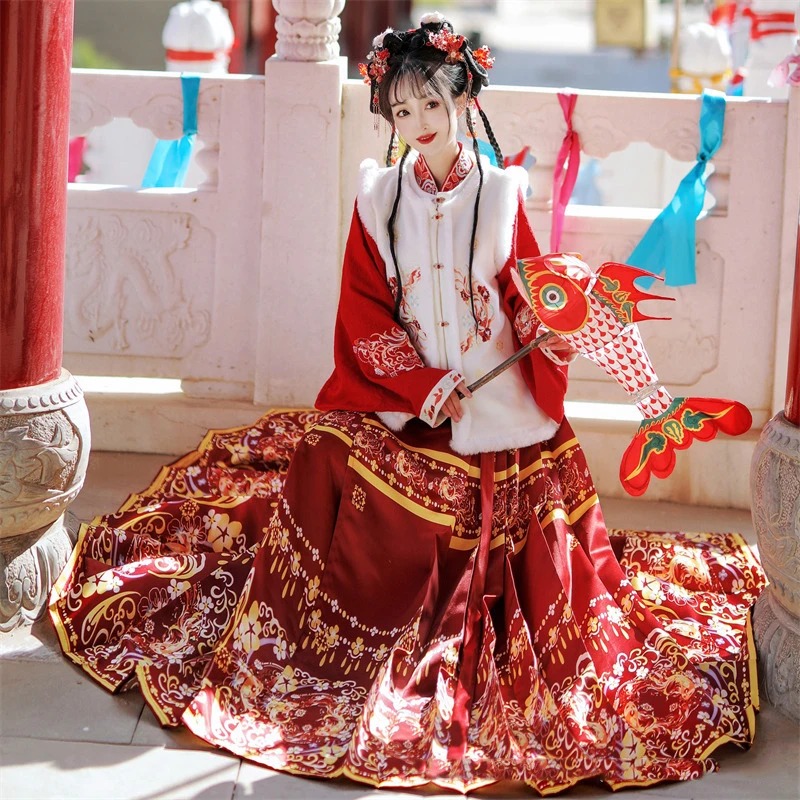 Autumn Winter Thickened Hanfu New Year's Clothing Exquisite Printed Embroidery Oriental Clothing Folk Dance Wear Cosplay Costume