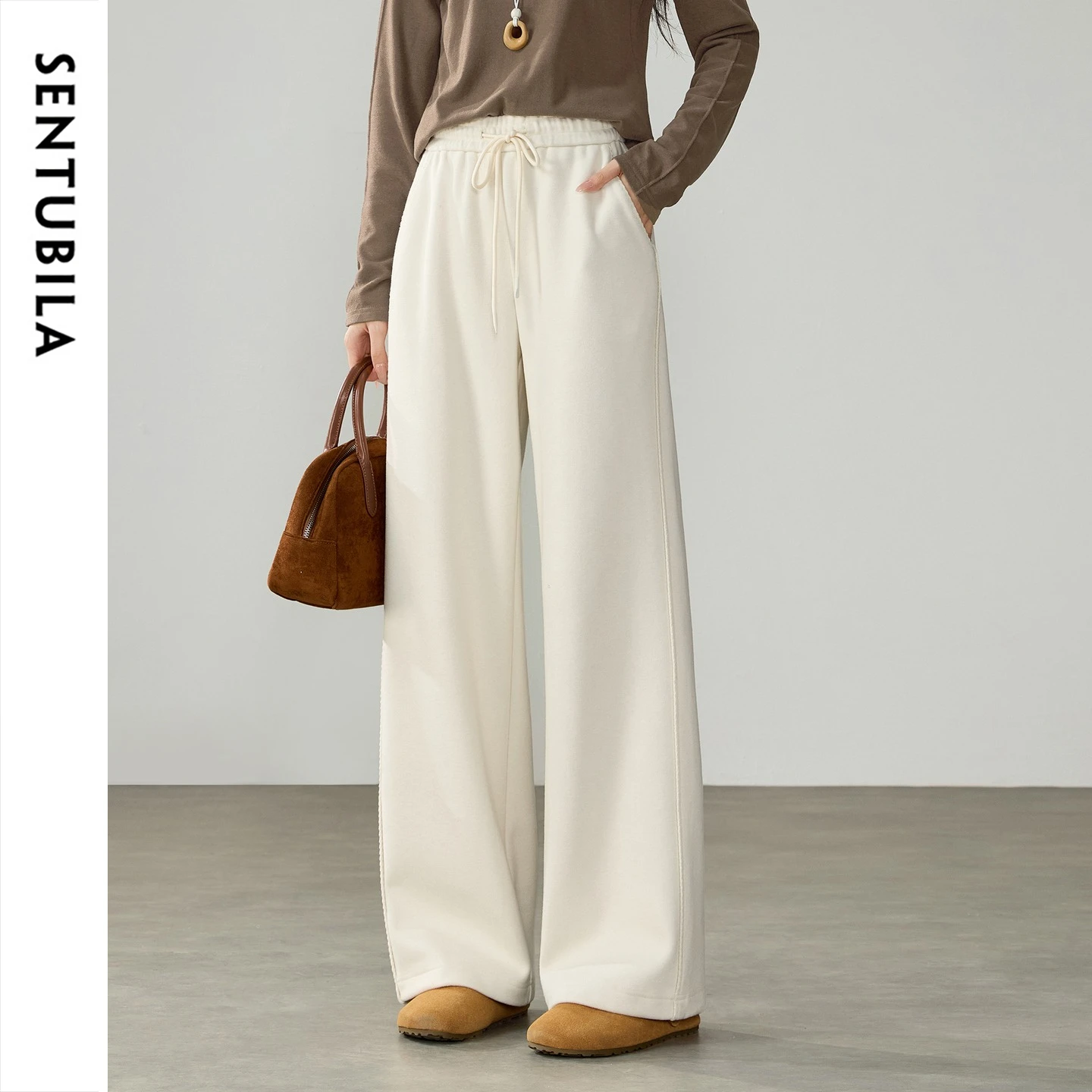 SENTUBILA Women Knit Pants 2026 Winter Fleece Lined Wool Silk Blend Thick Slim Fit Daily Commuter Warm Long Trousers 164KA6737