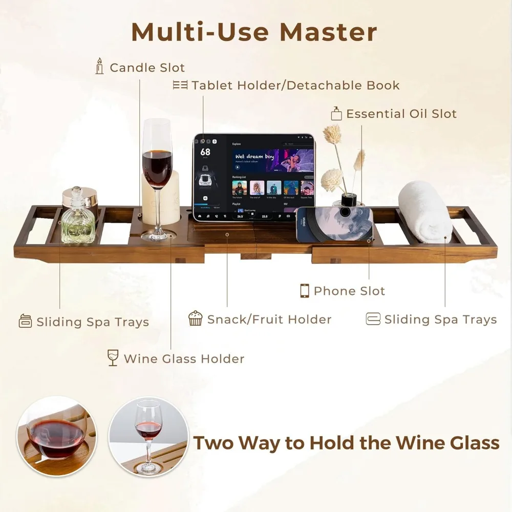 

Expandable Teak Bathtub Tray with Book Stand & Wine Holder - Spa Relaxation Gift for Home
