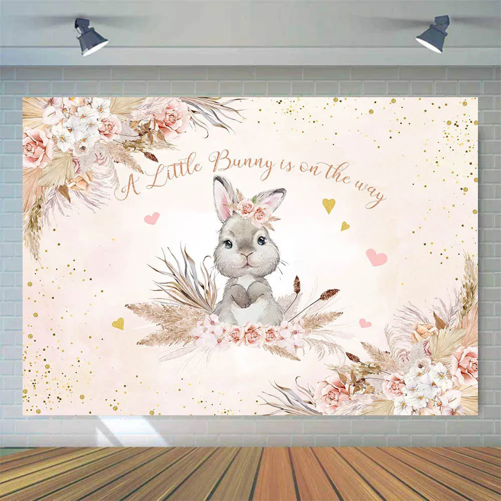 Mocsicka A Little Bunny is on The Way Background Girl Bohemian Baby Shower Backdrop Pink Boho Flowers Party Decor Custom Banner