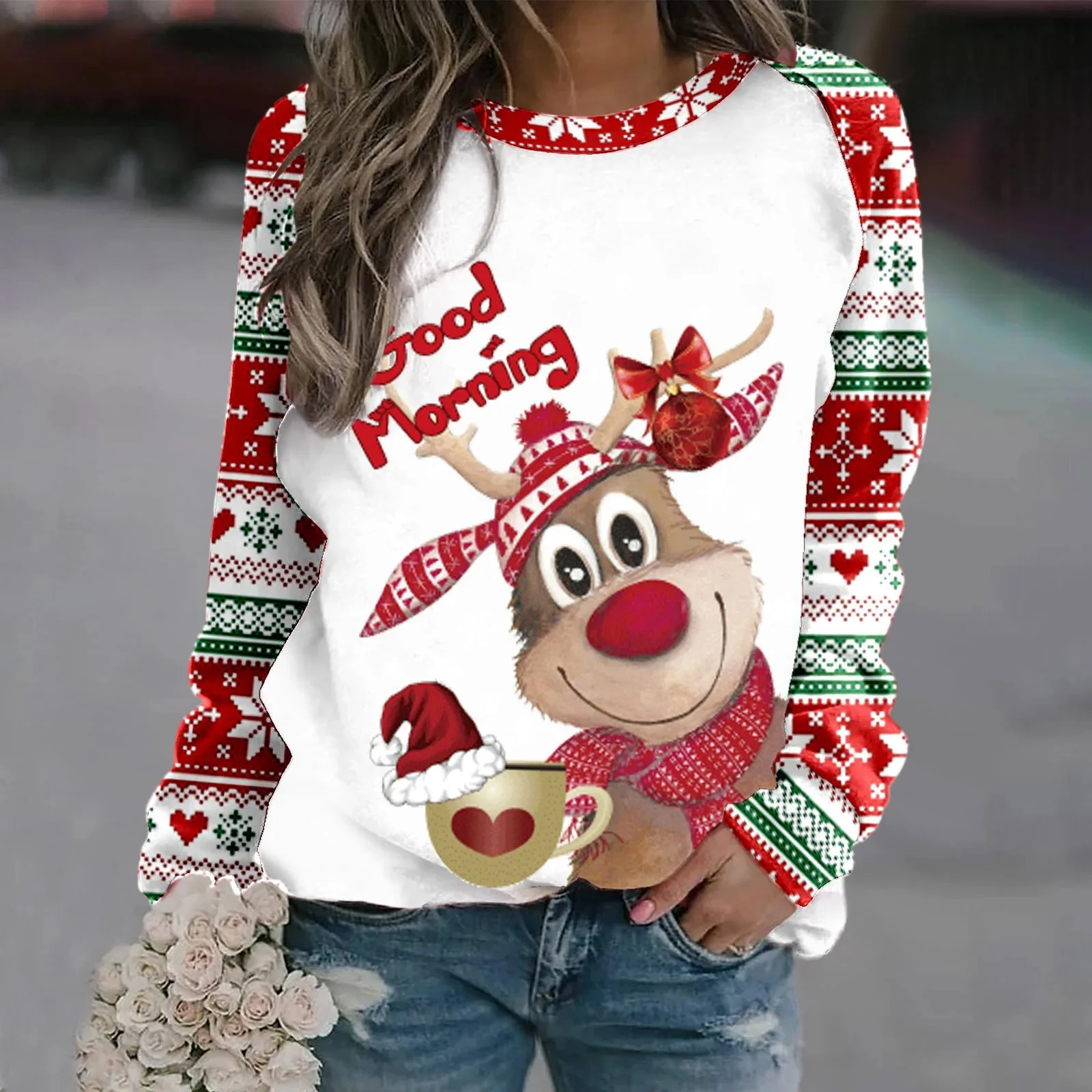 Christmas Reindeer Women\'s Clothing Autumn/Winter Round Neck Cotton Long Sleeved Casual Plus Size Tops Christmas Party T-Shirt