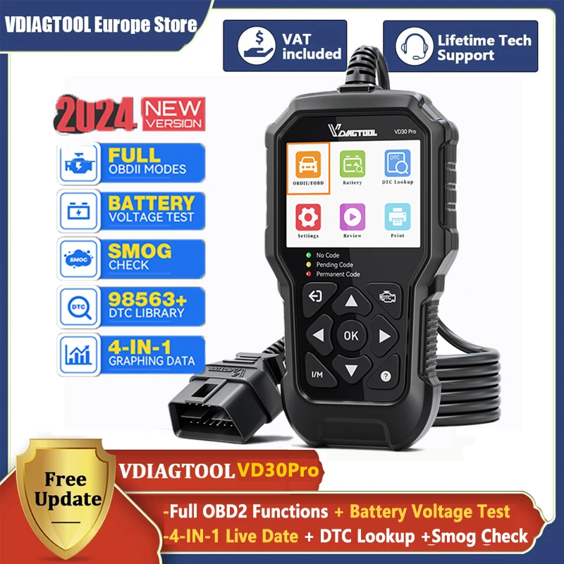 VDIAGTOOL VD30 Pro Car Code Reader OBD2 Scanner Diagnostic Tool for Cars Trucks Check Engine Light Battery Voltage Testing Coder