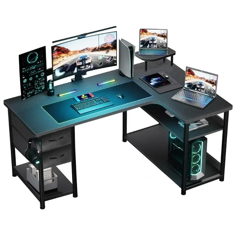مكتب ألعاب مع أدراج، مكتب كمبيوتر على شكل حرف L من ألياف الكربون متوافق مع طاولة ألعاب مكتبية بذراع الشاشة