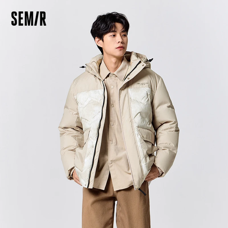 Semir Down Jacket Men Mid-Length Loose Hooded Winter Outdoor Workwear Style Printed Coat