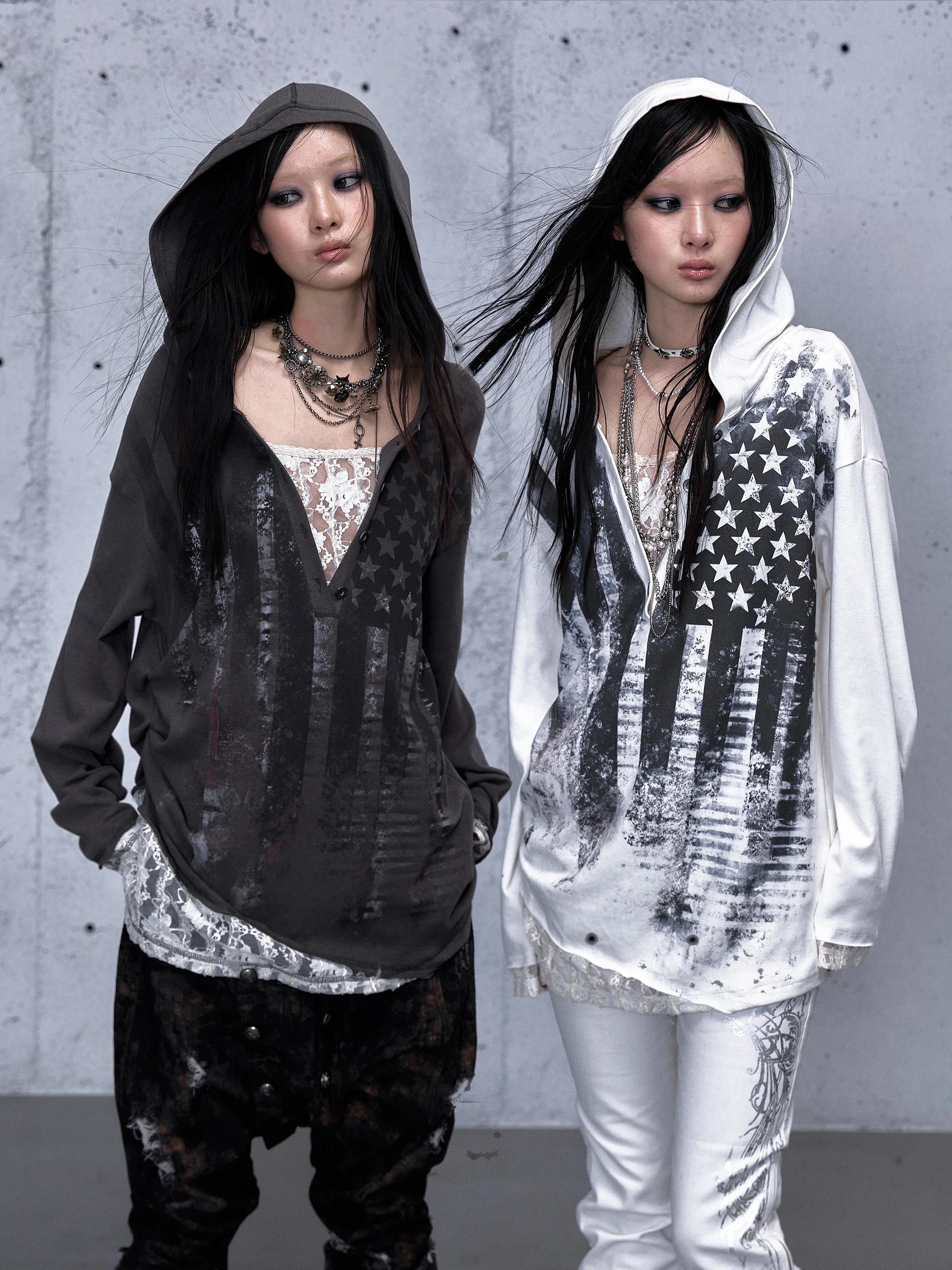 

Rebellious Street V-Ne Printed Lace Patchwork Loose Hooded Long Sve T-irt Retro Sle Women's Premium Faion Top