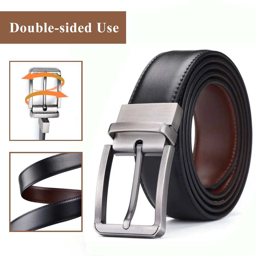 Men's Two-Layer Cowhide Double-Sided Belt with 1.25inch Rotating Brushed Roller Buckle