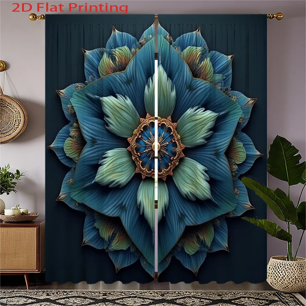 2D Flat, 2pcs Navy Blue & Turquoise Floral Curtains - Semi-Sheer Textured Window Drapes with Large Leaf Pattern, Cordless Contem