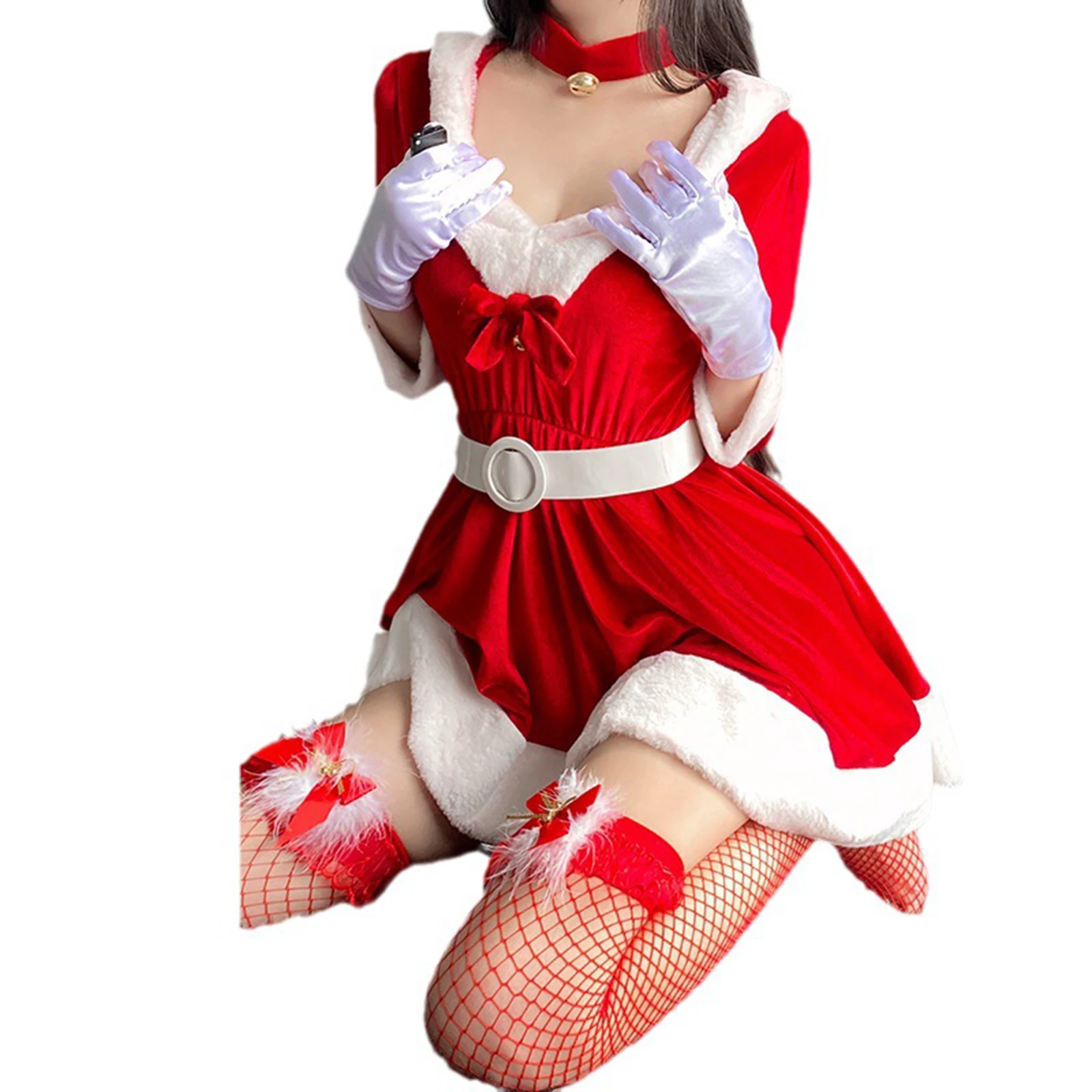 Disfraz de Papá Noel para mujer, vestido de terciopelo de felpa, lencería Sexy para Navidad, Año Nuevo, fiesta de vacaciones, conjuntos de trajes de Cosplay