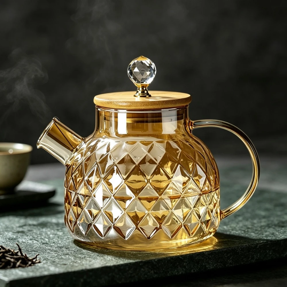 Glass Tea Kettle with Bamboo Lid Removable Filter Spout Teapot for Loose Leaf Blooming Fruit Tea Heat Resistant 1.5L 1.8L