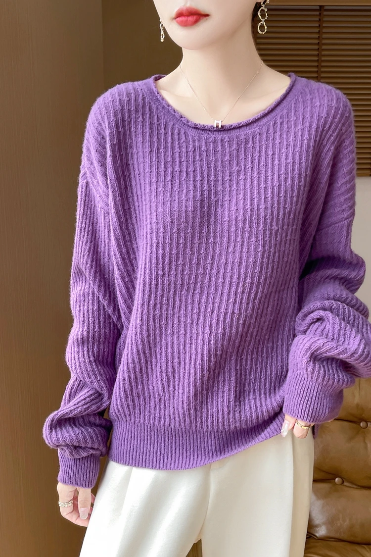 Ladies Fall Winter 100% Merino Wool Knitwear Vertical Striped Boat Neck Loose Fit Long Sleeve Soft Casual Daily Pullover Sweater