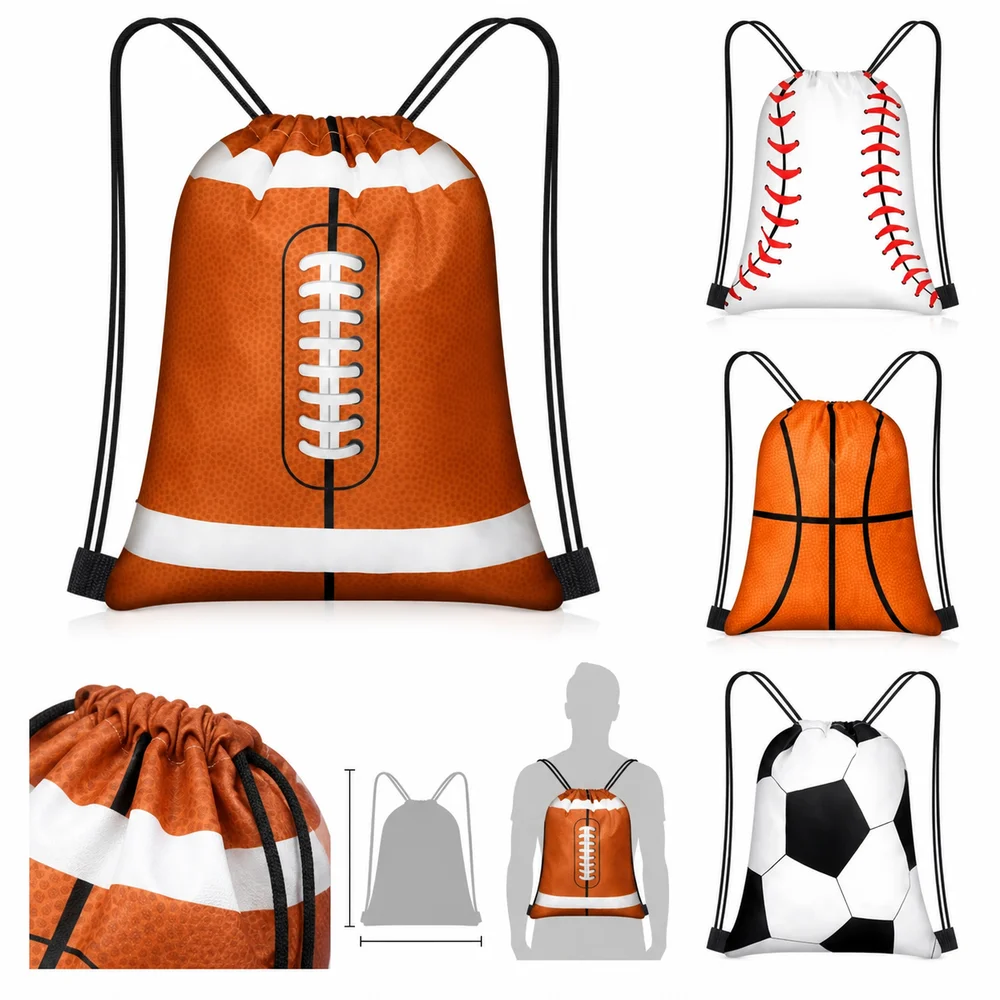 Polyester Drawstring Backpack Ball Pattern Hand Carry Cinch Sack Adjustable Multi-Purpose String Closure Backpack