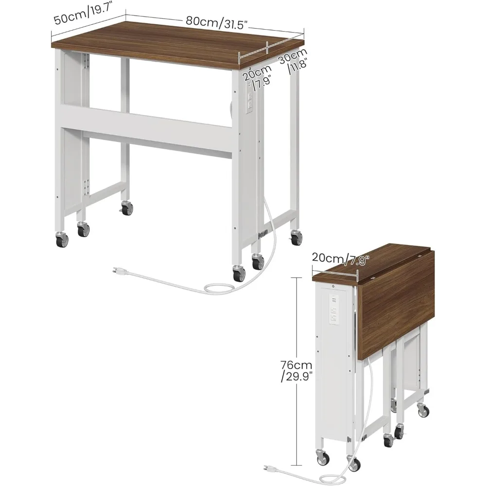 Mesa dobrável de 31,5 polegadas com tomadas elétricas, rodas e armazenamento para espaços pequenos em marrom rústico e branco