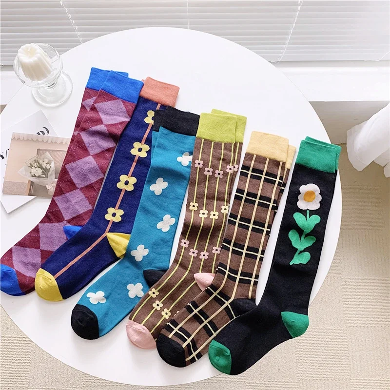 

New Calf Socks High Quality Cotton Japanese Diamond Lattice Jacquard Socks Slim Lolita Comfortable Cute Small Flower Stockings