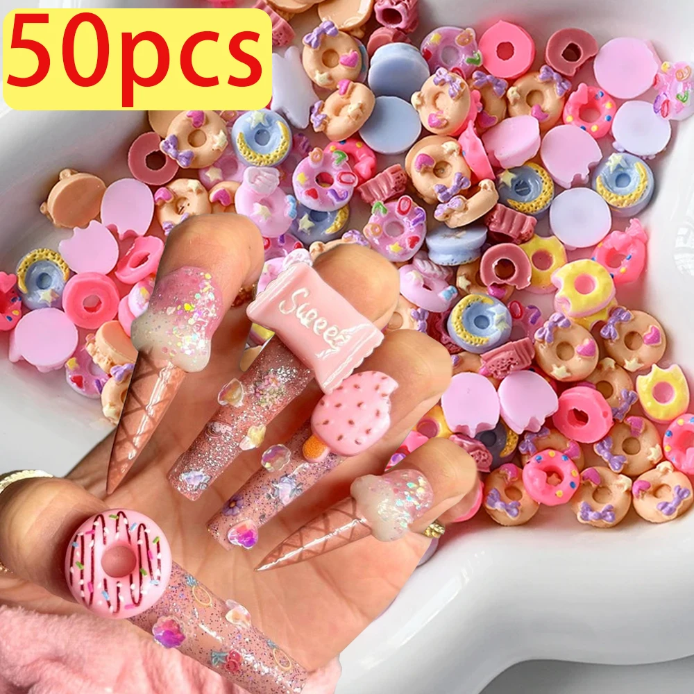 50pcs 3D Doughnuts, Ice Cream Nail Art Decorations Kits Kawaii Dessert Doughnut Design Nail Art Parts DIY Sweet Manicure Charms