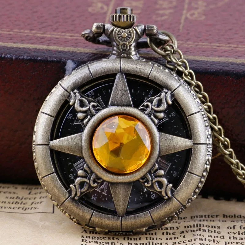 جوفاء الأصفر ماجيك الأحجار الكريمة مطعمة البوصلة خمر ساعة جيب كوارتز قلادة سلسلة بدلاية فريدة من نوعها ساعة مجوهرات هدية