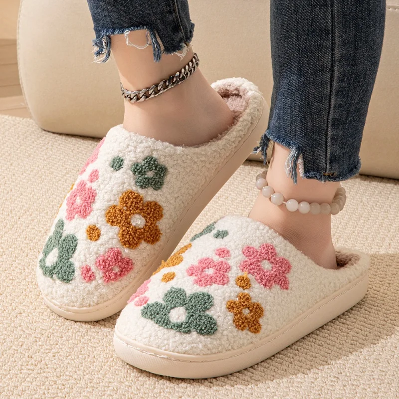 Fashion Flowers Pretty Bow Bear Women Slippers Autumn Winter Men Home Cute Cartoon Plush Sandals Couple Warm Cotton Flat Shoes