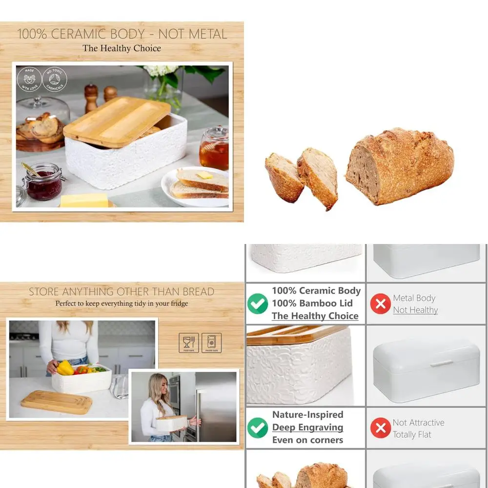 

Elegant Engraved Ceramic Bread Box with Bamboo Lid - Multipurpose Kitchen Storage Container, 13.8x7.9x5