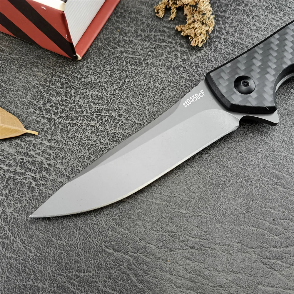 ZT 0450 Flipper Assisted Folding Pocket Knife 440C Satin Blade, Carbon Fiber Handles Outdoor Tactical Knives Hunting EDC Tool