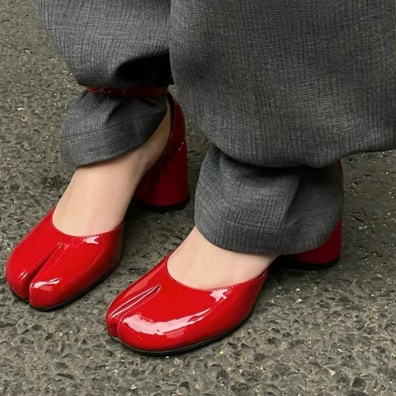 New Red Patent Leather Tabi Split Toe Pumps Luxury Designer Style Elegant High Heel Shoes for Women Suitable for Party Dating