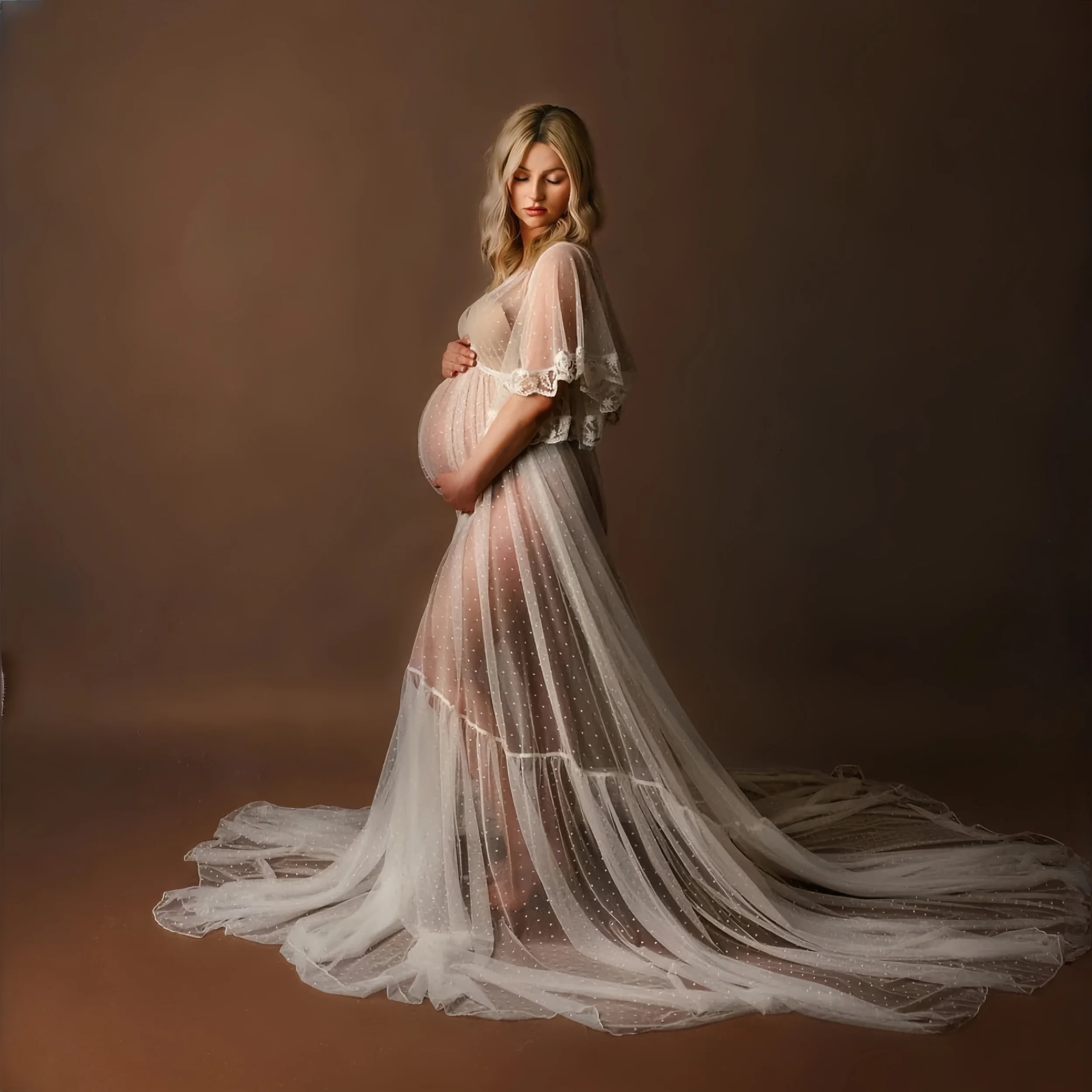 Summer See Through Dot Tulle Maternity Pregnancy Photo Shoot Dress Short Sleeve Maternity Photography Props Dress Long Train