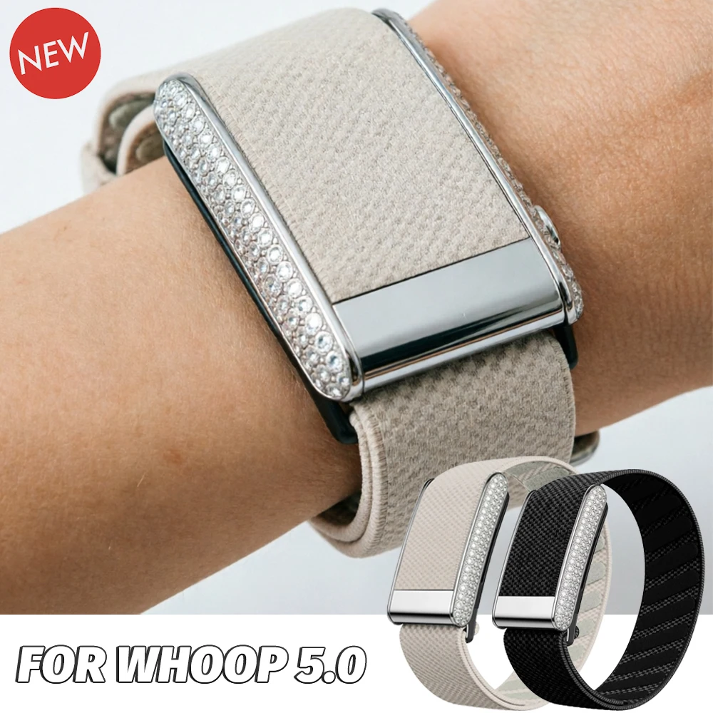 suitable-for-whoop50-replacement-strap-elastic-band-nylon-strap-with-diamond-studs-fully-studded-bright-silver-metal-u-frame